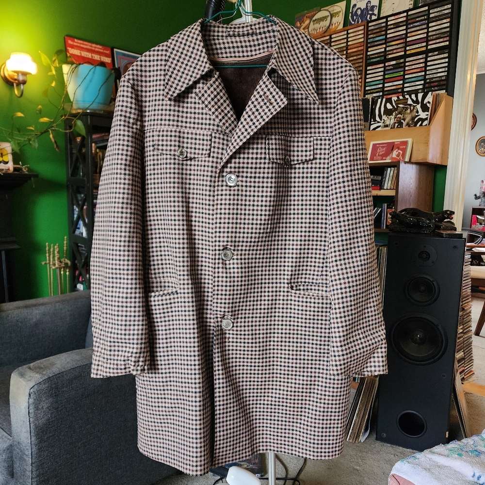 Vintage 1970s Juilliard Checkered Trench Coat Size L 42 Mod Retro